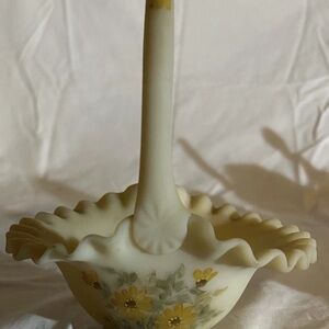 Fenton Cream and Yellow Floral Basket with handle